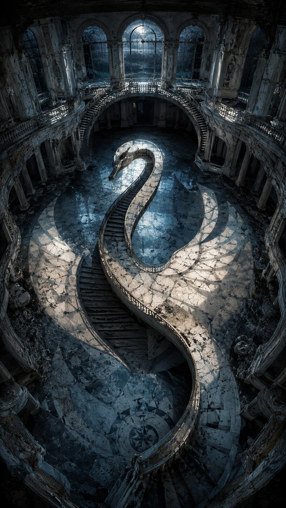 Abandoned Marble Ballroom Forming A Swan Shaped Illusion