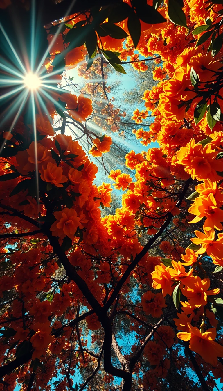 Low angle view through twisted flowering forest branches