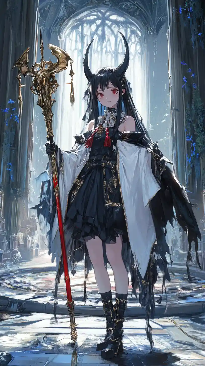 Anime girl with demonic horn in ornate throne hall