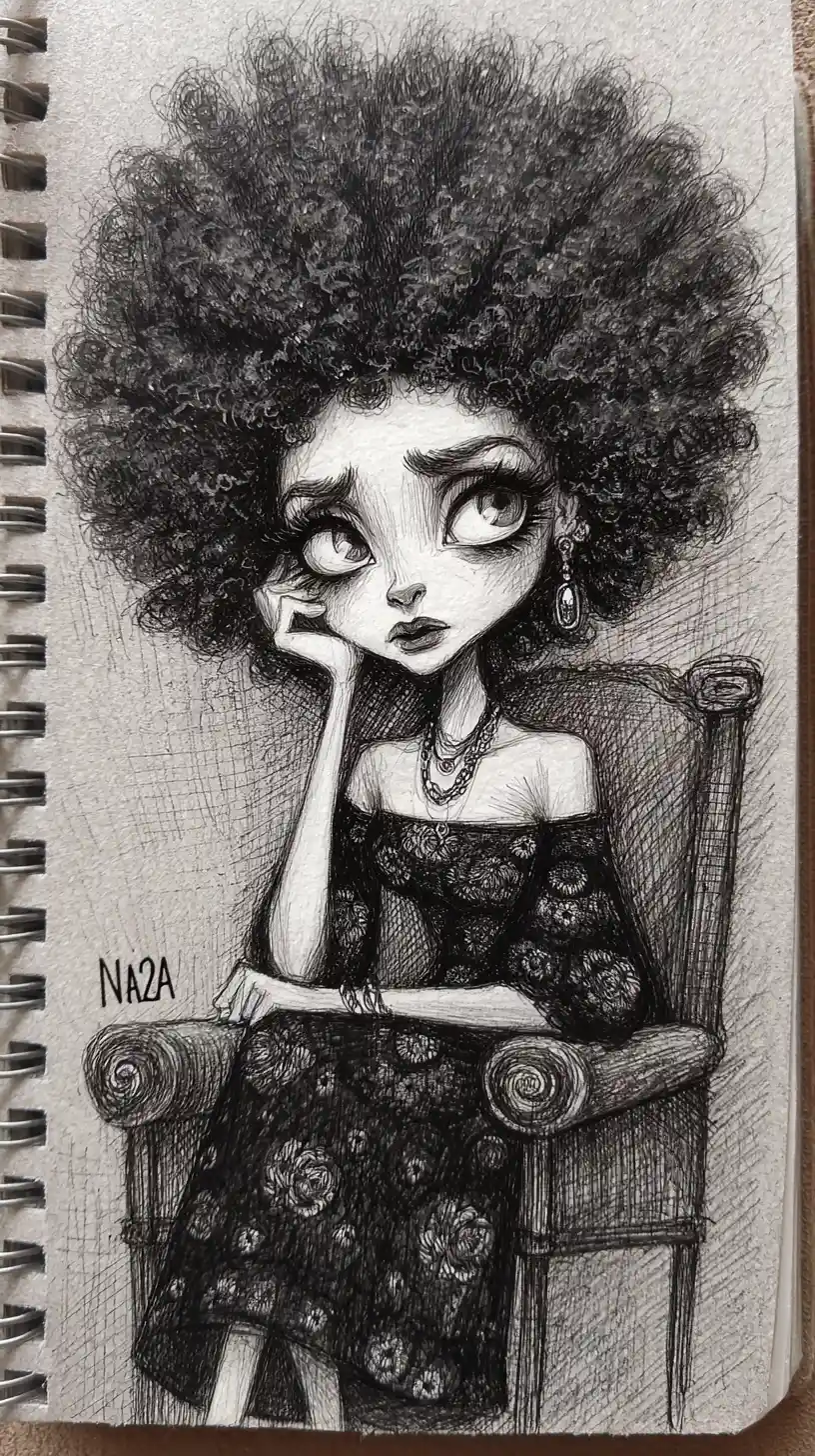 Caricatura a carboncino di una donna con enorme acconciatura afro