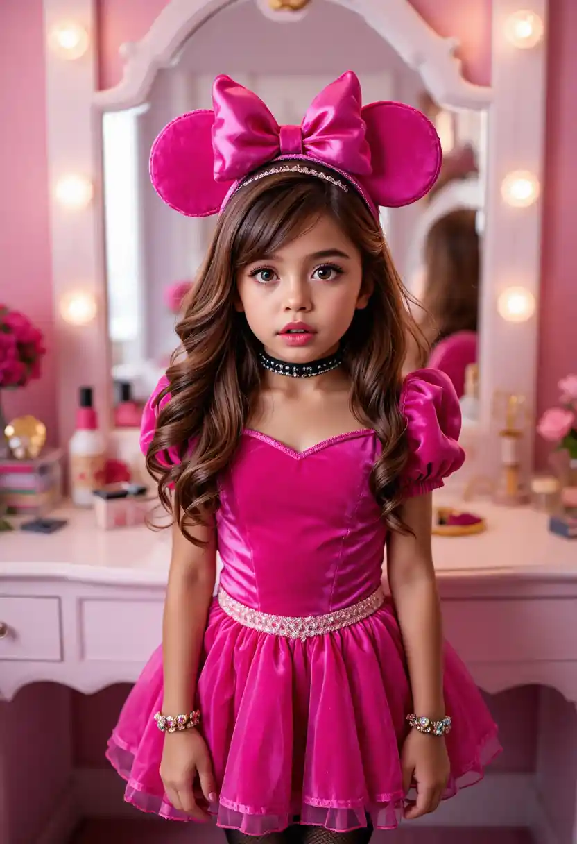 Tween boy in pink princess costume at bedroom vanity