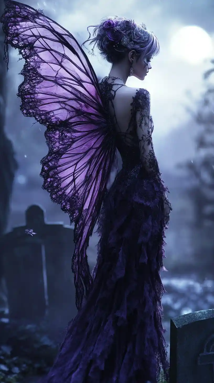 Gothic fairy woman with tattered wings in moonlit graveyard