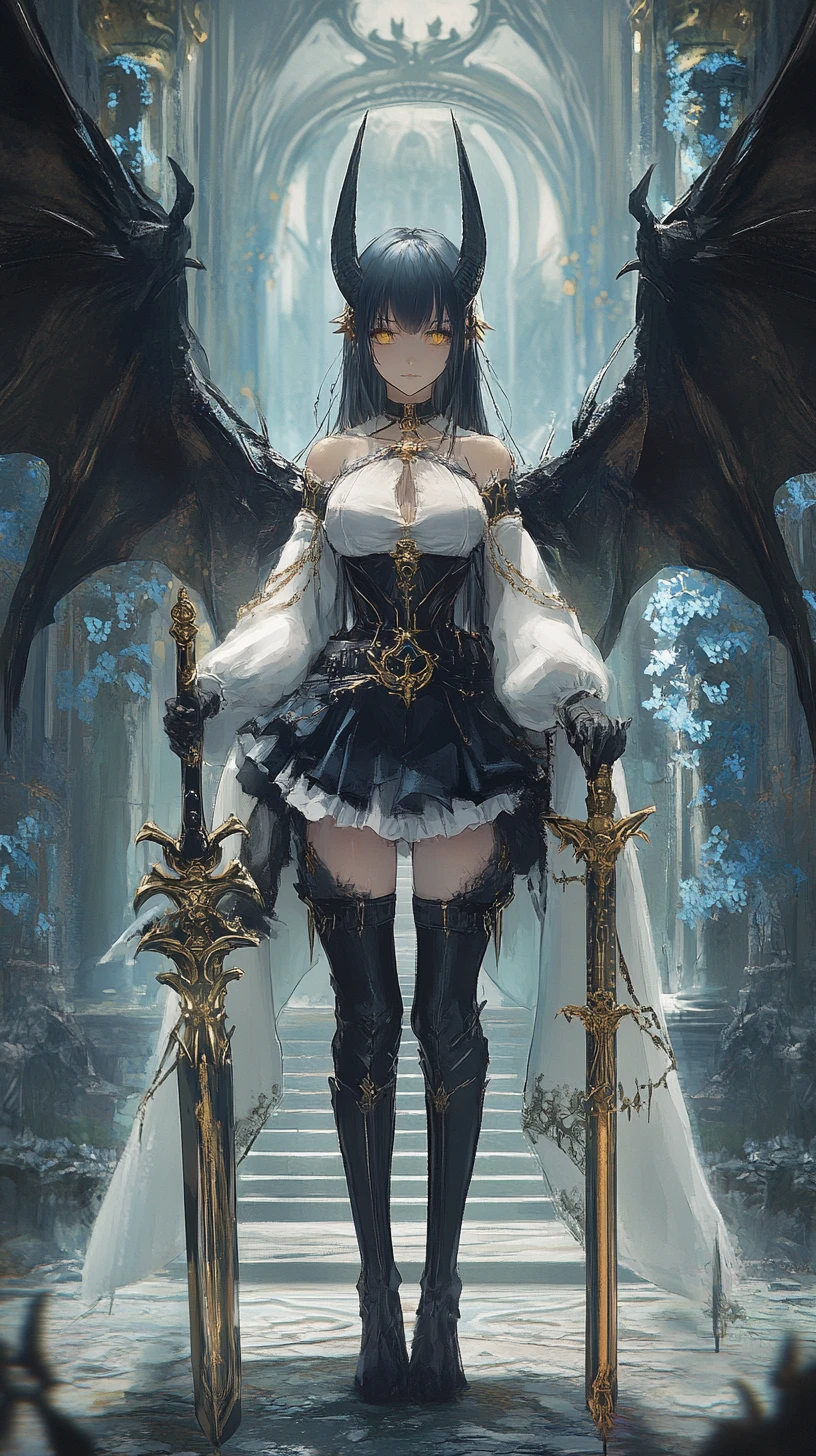 Anime girl with demonic horn in ornate dragon jacket