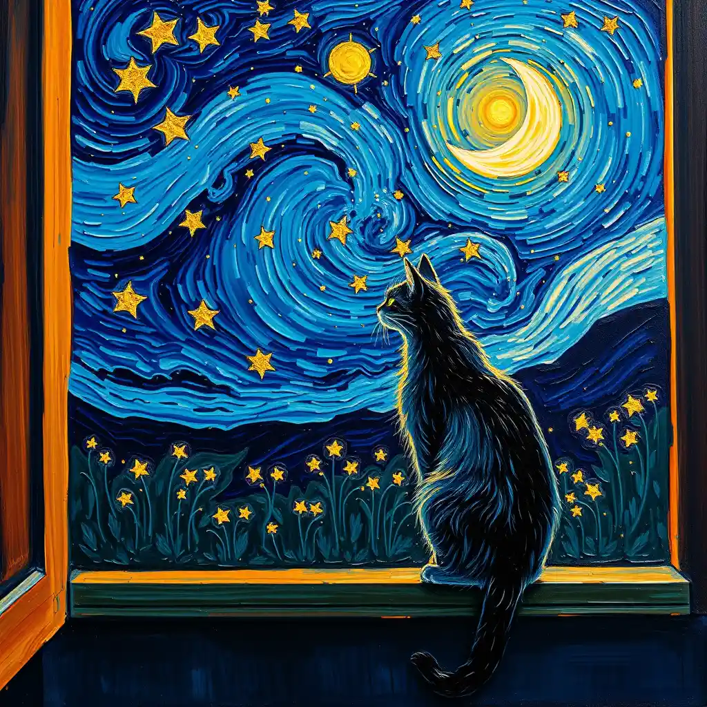 Post impressionist cat on a moonlit windowsill at night