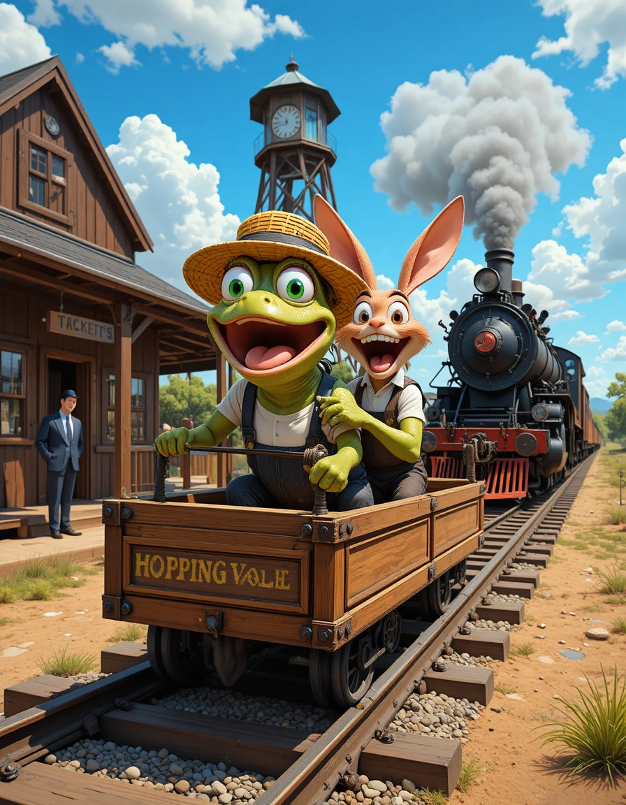 Frog and rabbit powering a playful railway handcar ride