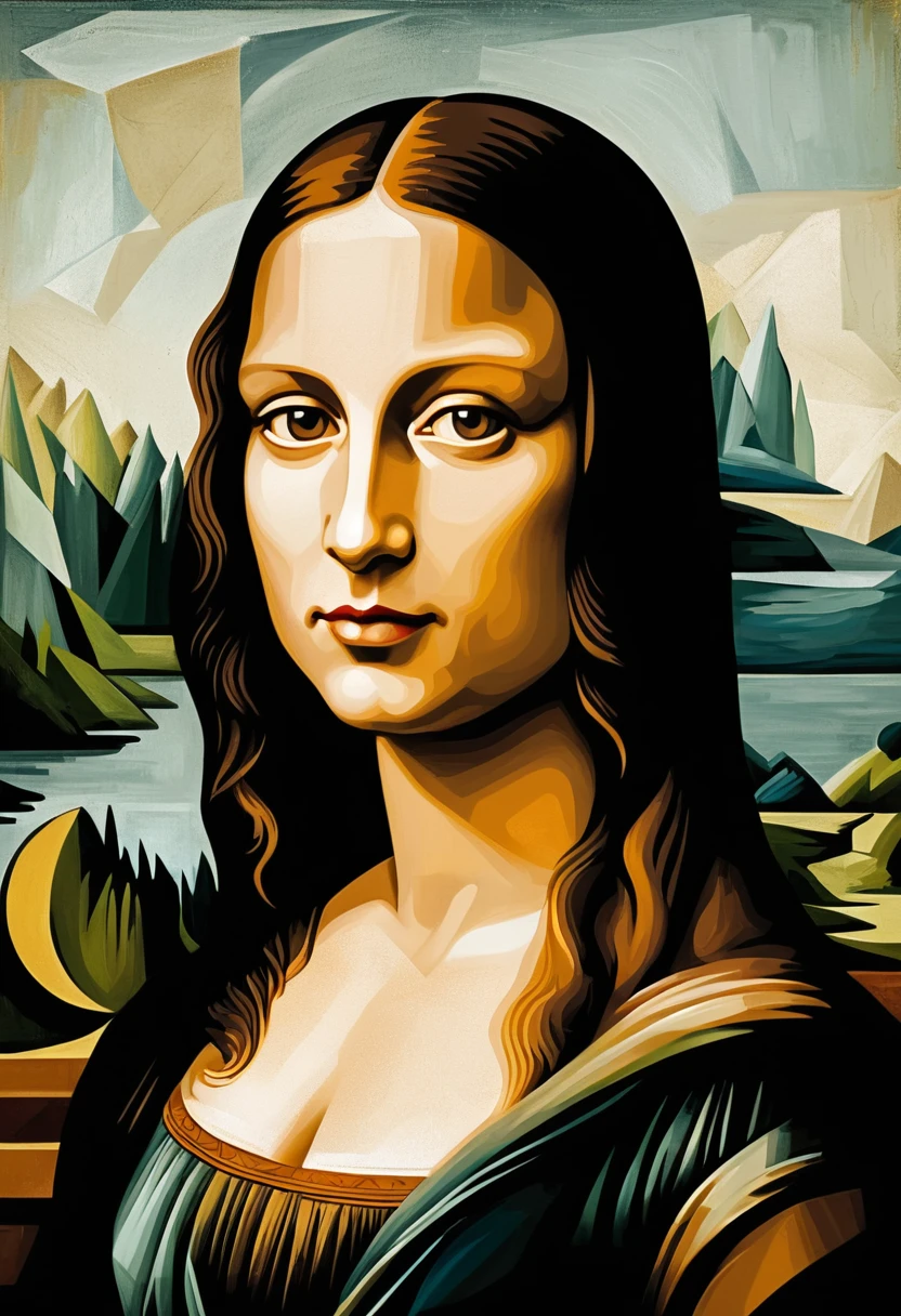 Cubist reinterpretation of the Mona Lisa in geometric portrait style