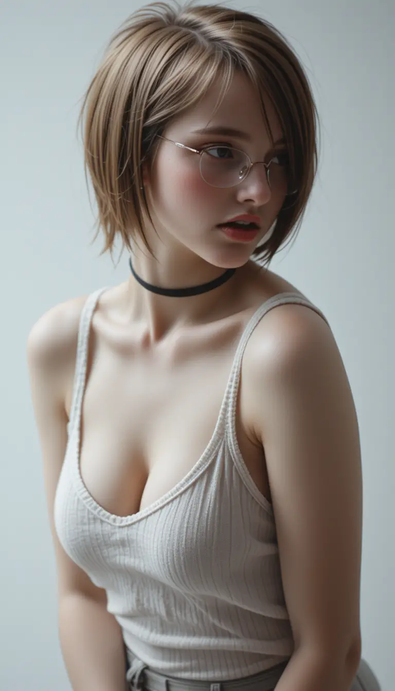 Emo teen girl in loose tank top with glasses profile