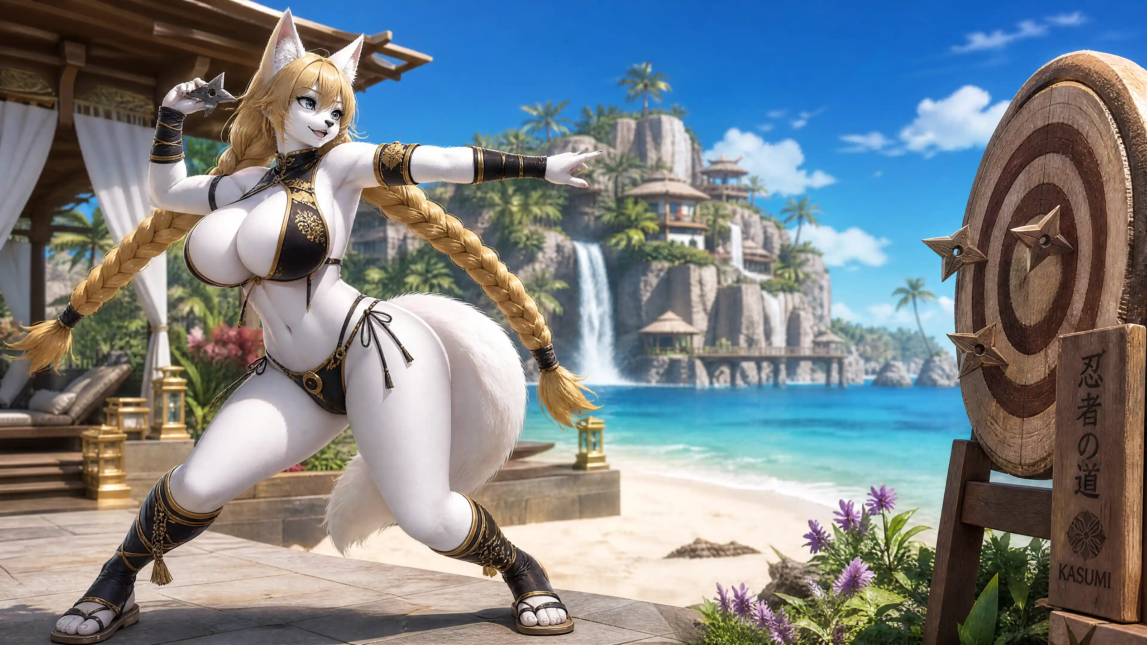 Donna volpe ninja che si allena con shuriken su una spiaggia tropicale