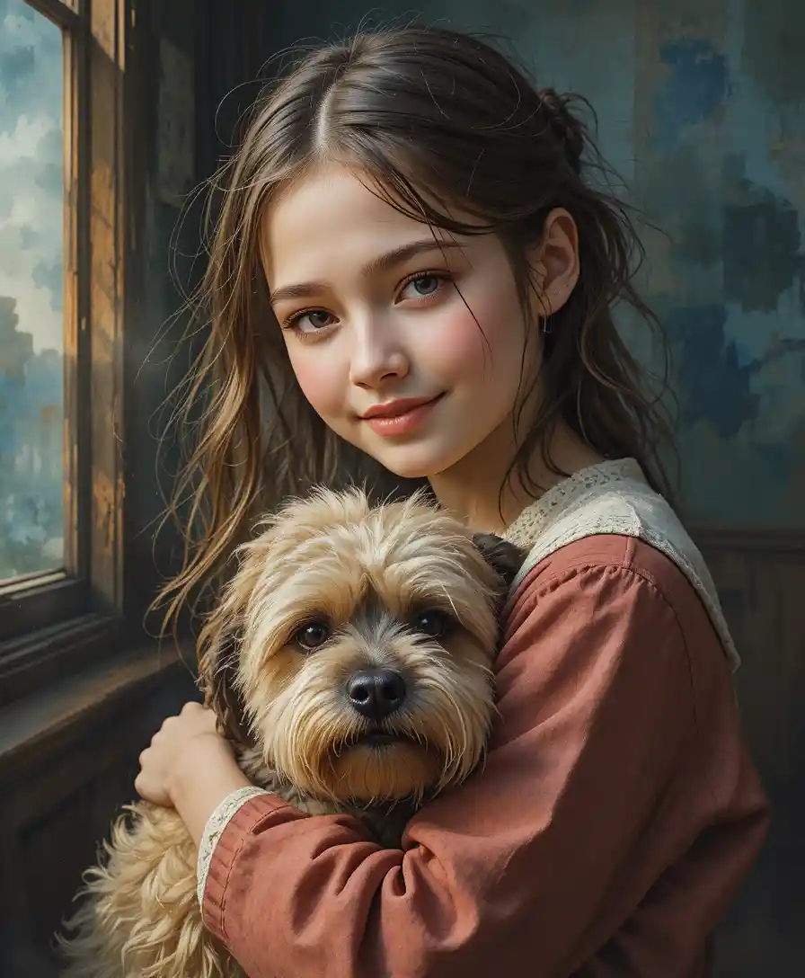 Shy Young Girl Hugging A Scruffy Dog In Soft Light