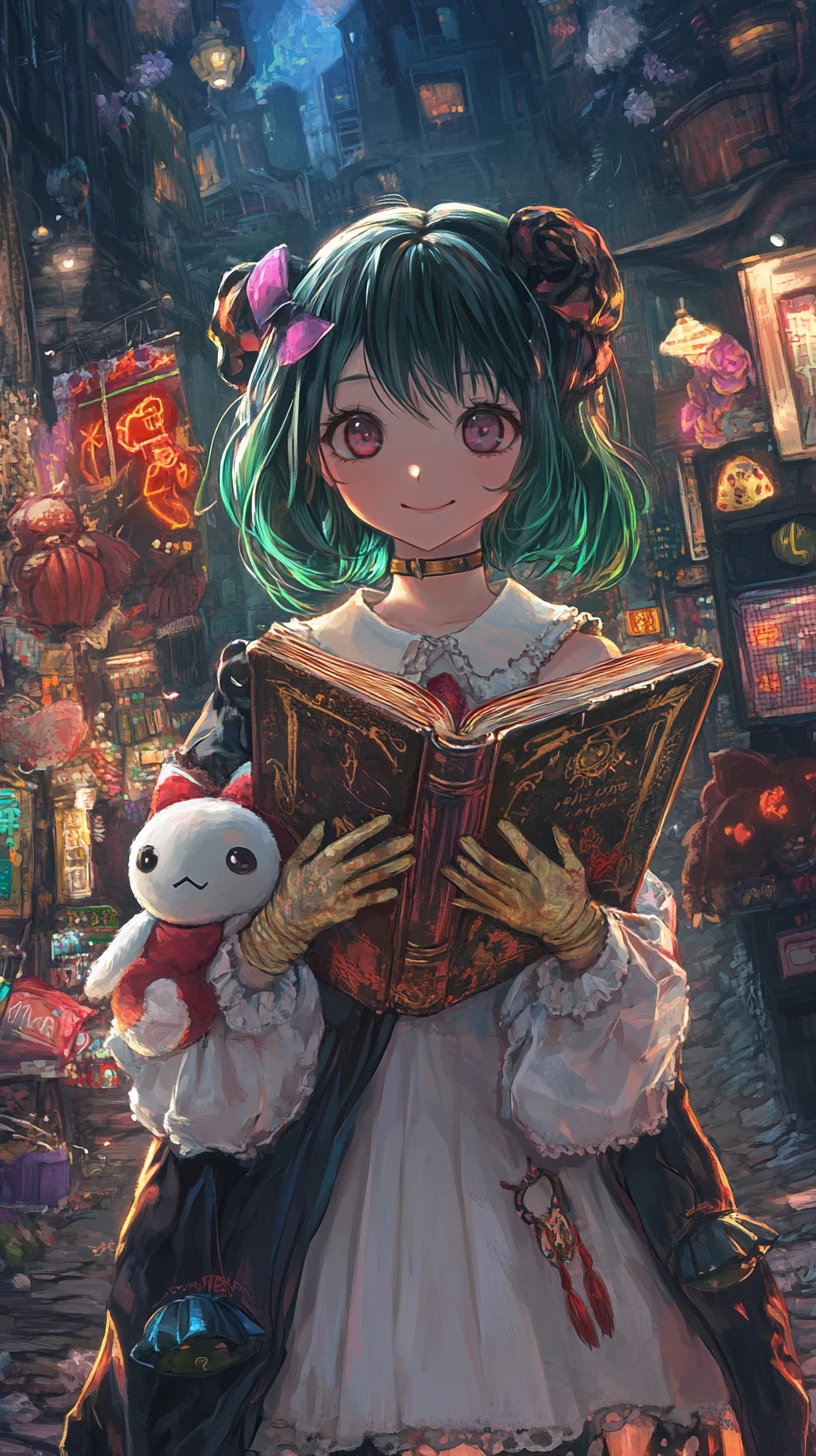Anime girl holding a demonic book before ruined castle at dusk