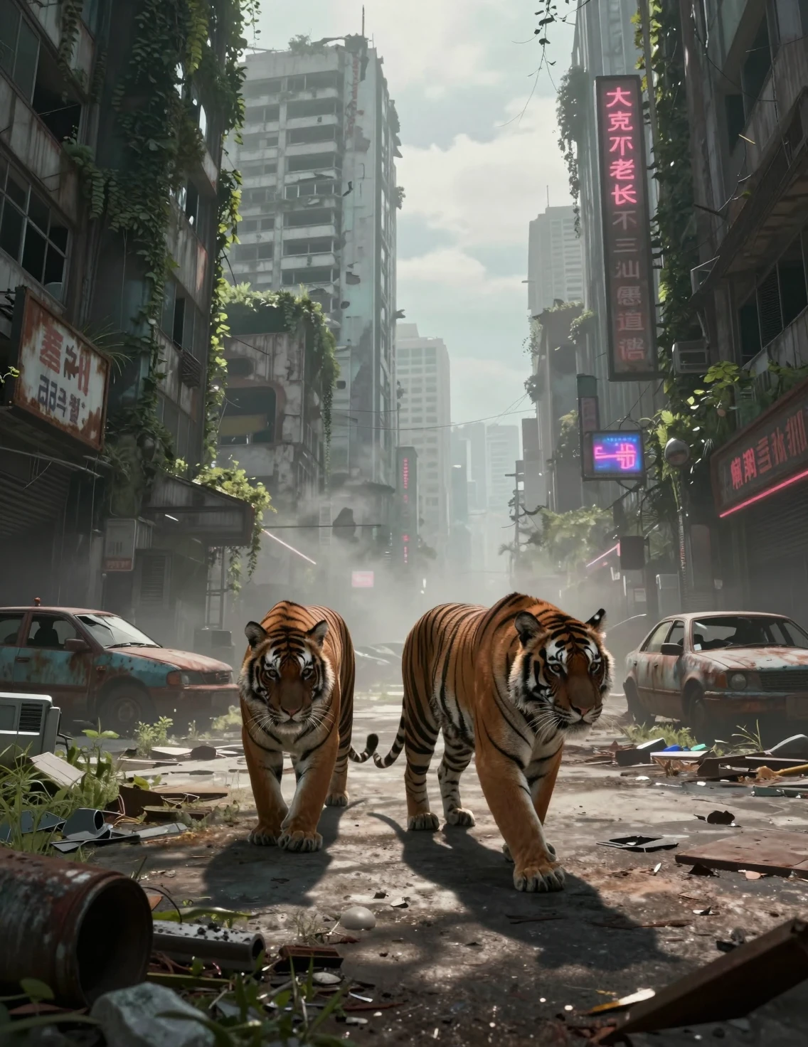 Two Bengal tigers in a deserted futuristic Asian megacity