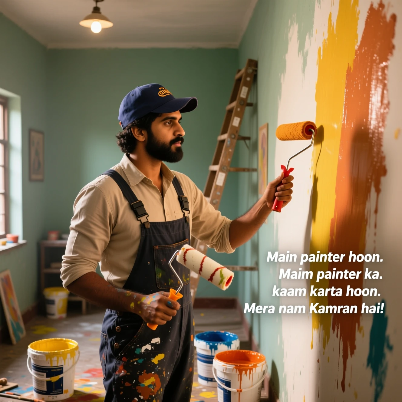 Professional painter rolling color on a room wall