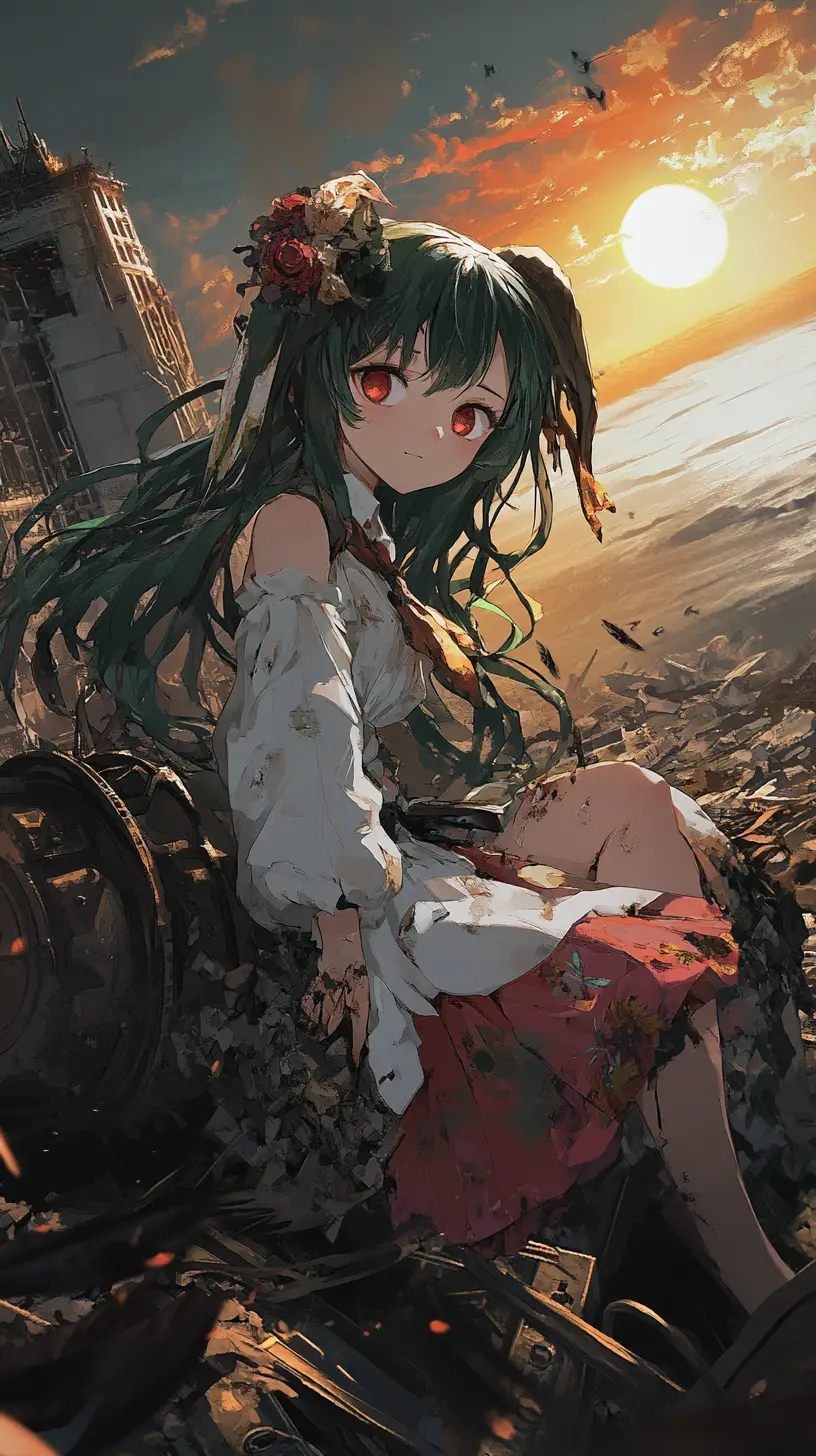 Ragazza anime con fucile in una zona di guerra urbana in fiamme