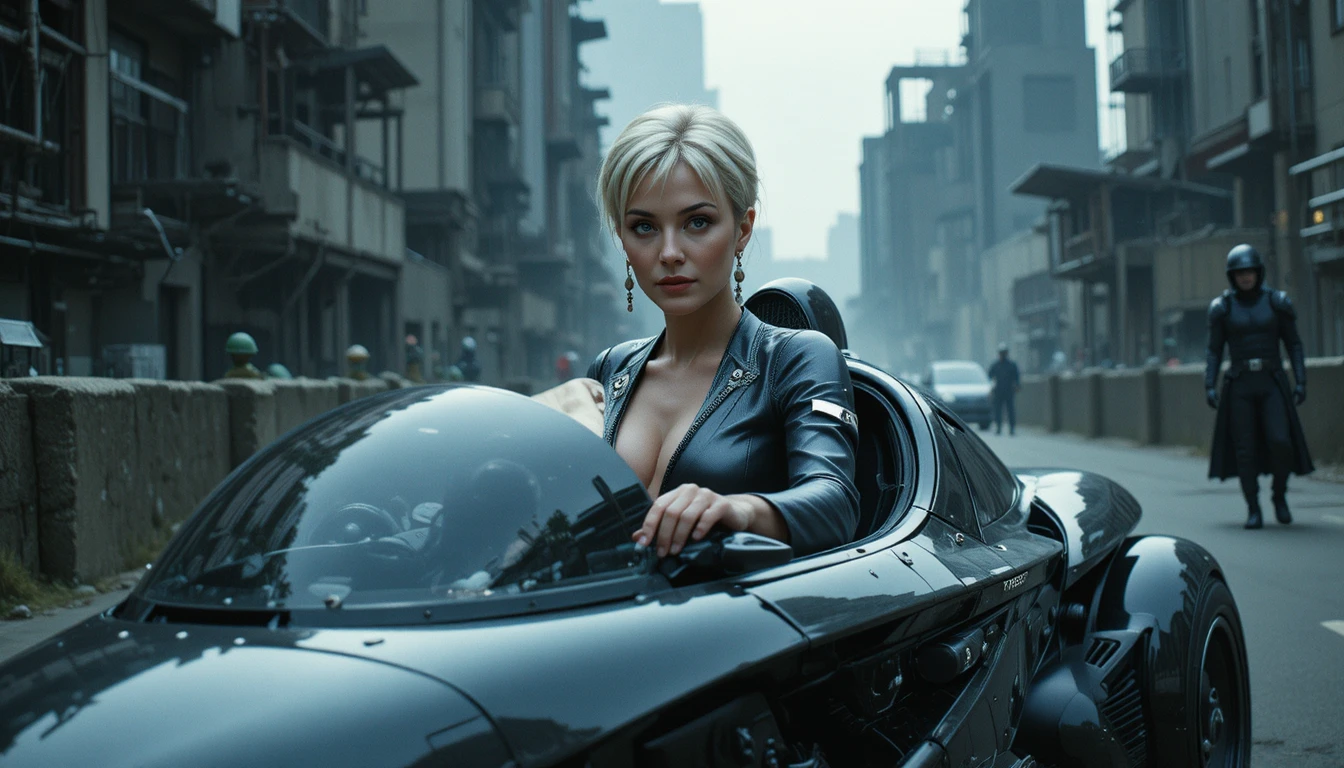 Calm silver haired woman piloting a futuristic flying motorcycle