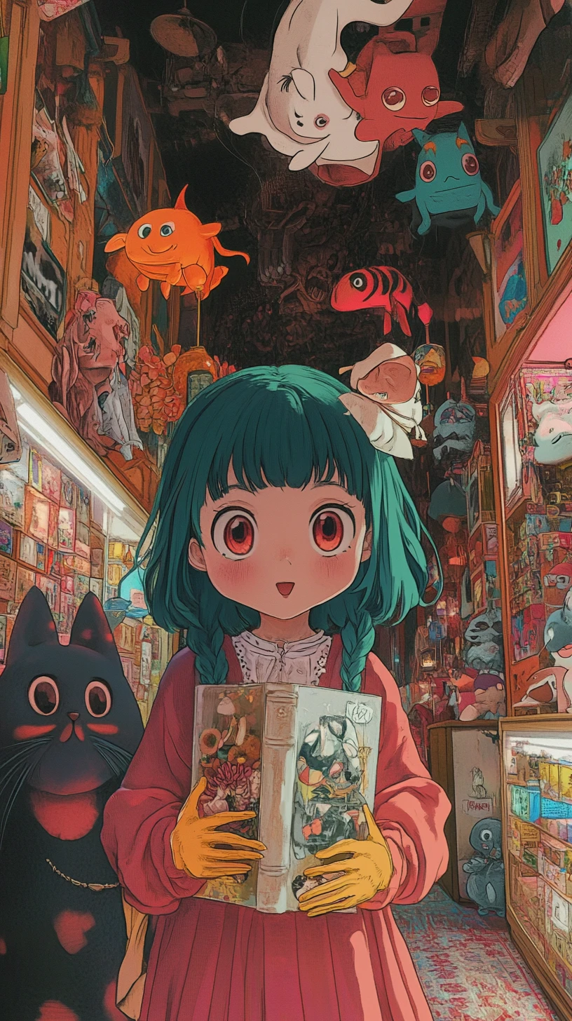 Girl holding a demonic book before a ruined castle at dusk