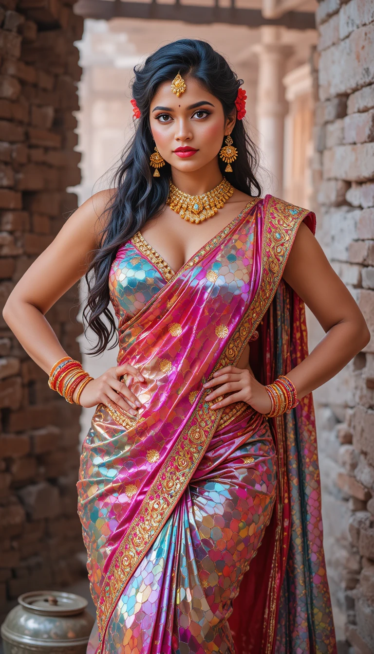 Indian woman in glossy rainbow saree bending in full pose