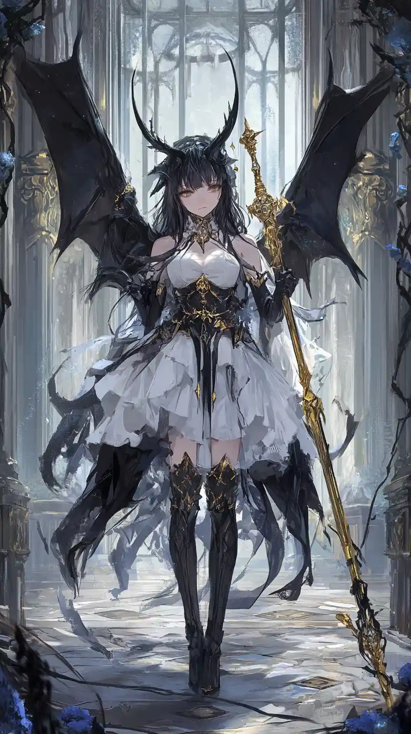 Anime girl with demonic horn in ornate throne hall