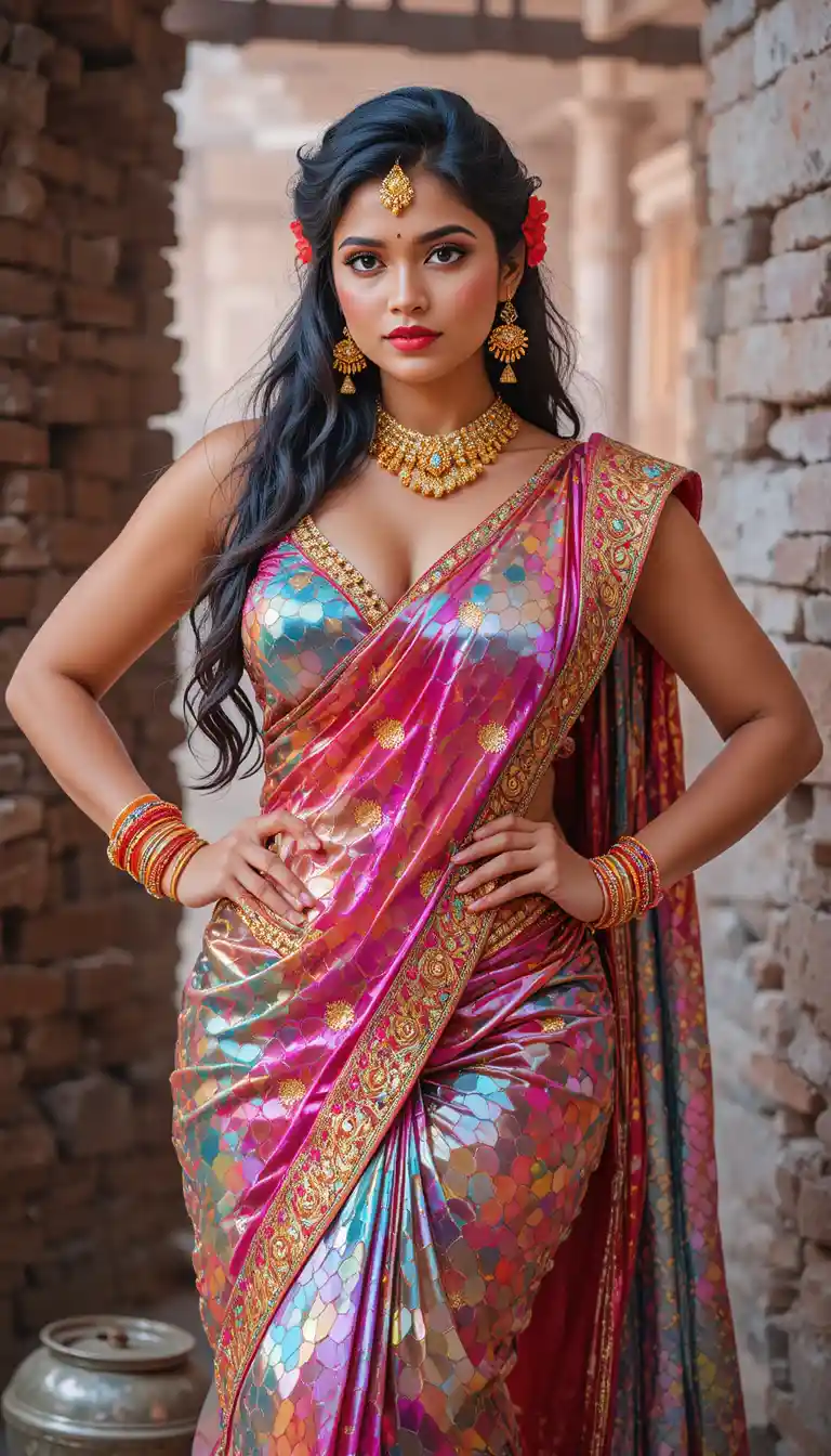 Indian woman in glossy rainbow saree bending in full pose