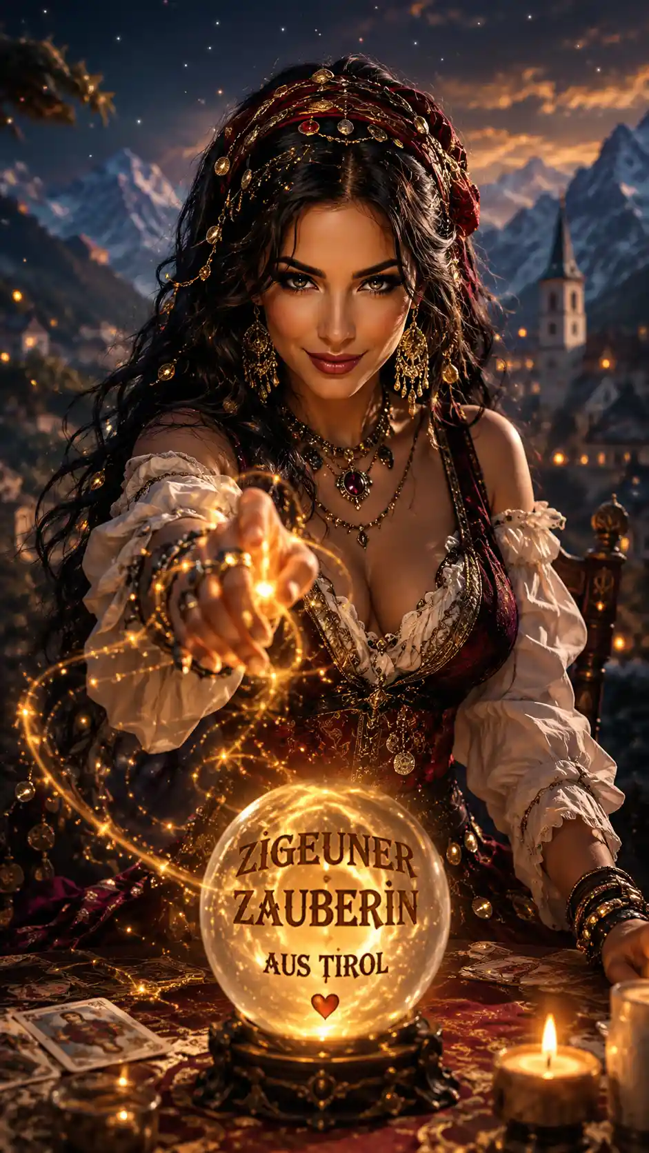 Mystical gypsy sorceress standing with enchanting magical presence