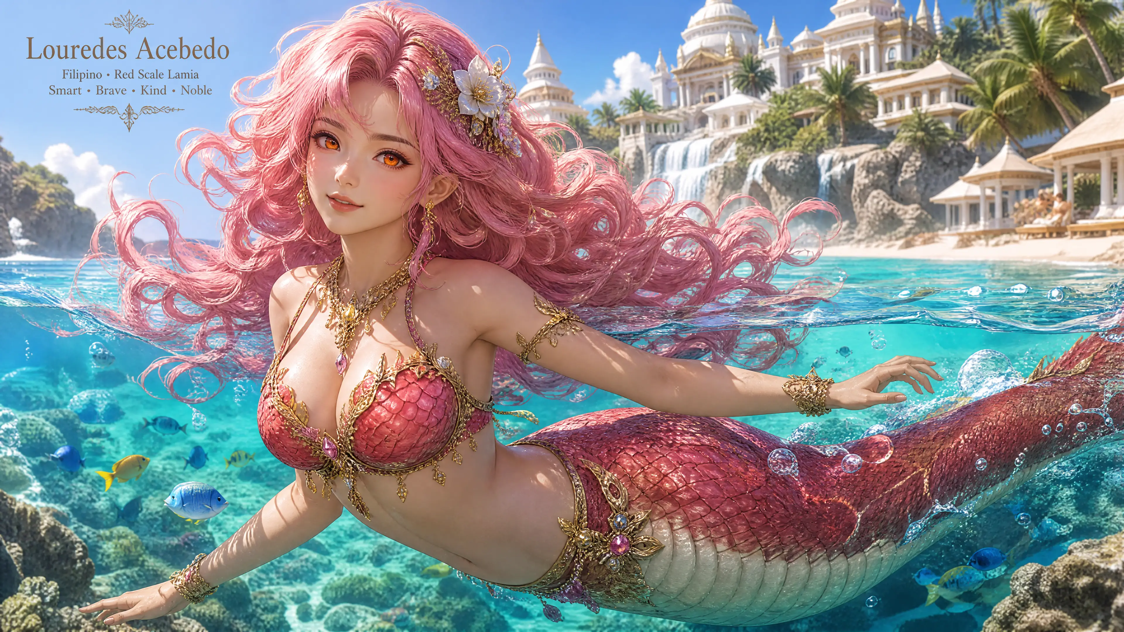Pink haired lamia woman swimming in a tropical ocean