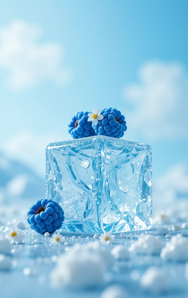 Close up raspberries on ice with tiny white flowers