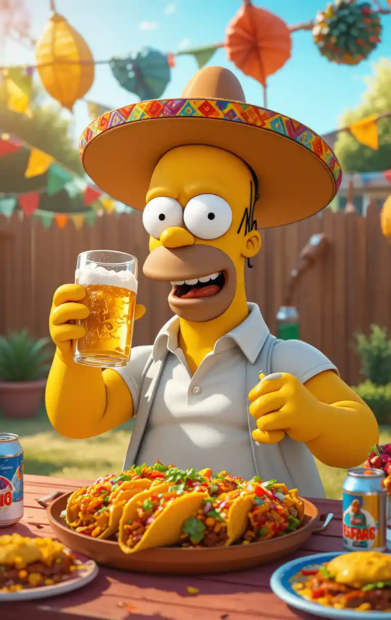 Cartoon man enjoying tacos and beer in sunny backyard