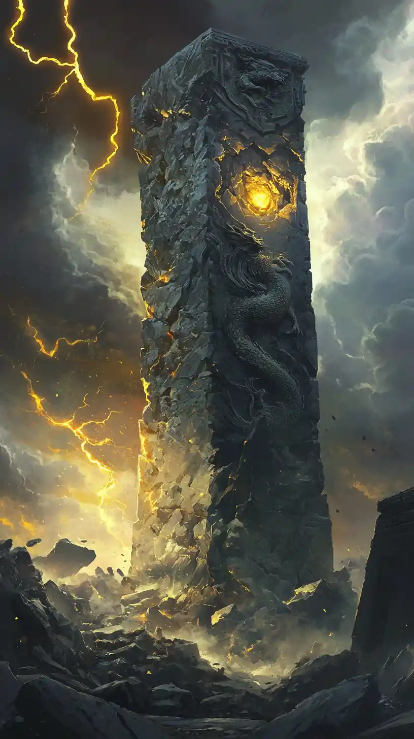 Fractured stone pillar above a shattered fantasy kingdom