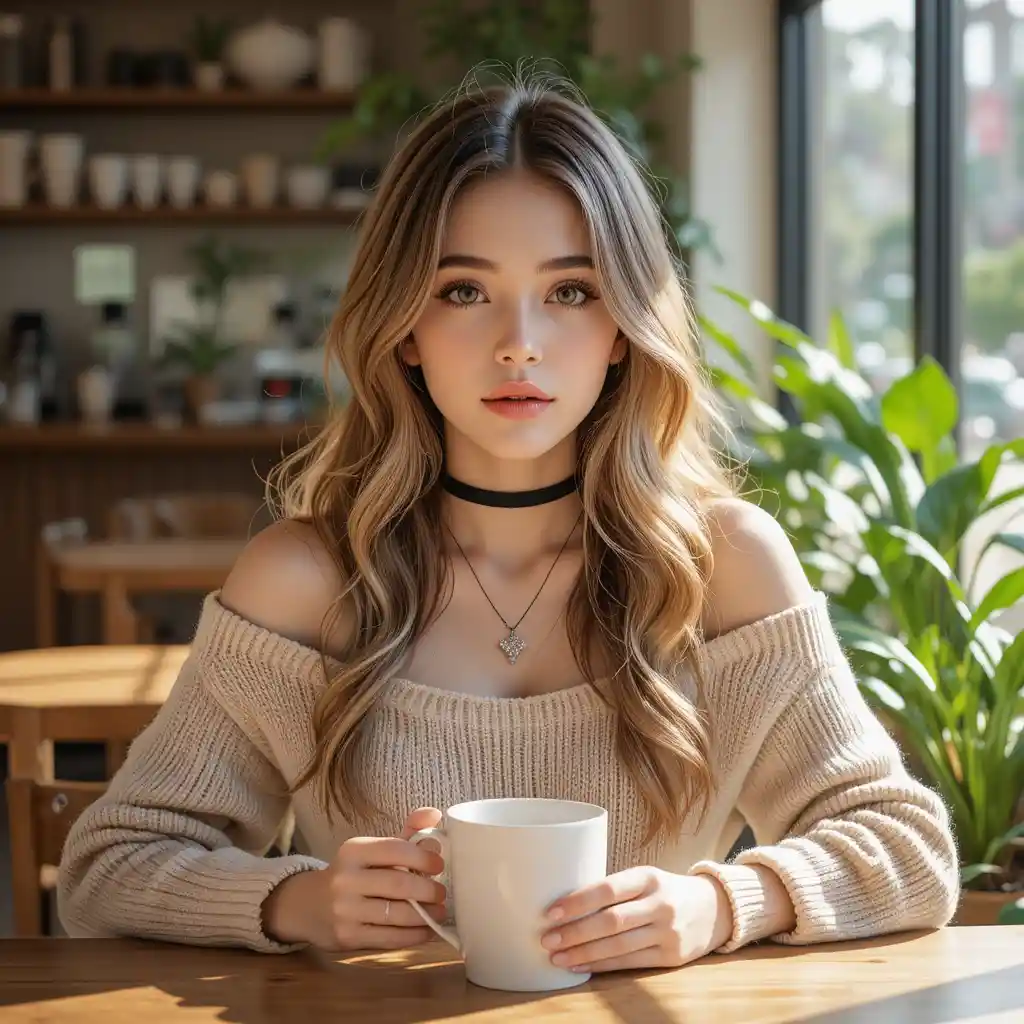 Young woman with coffee mug in a bright cozy cafe