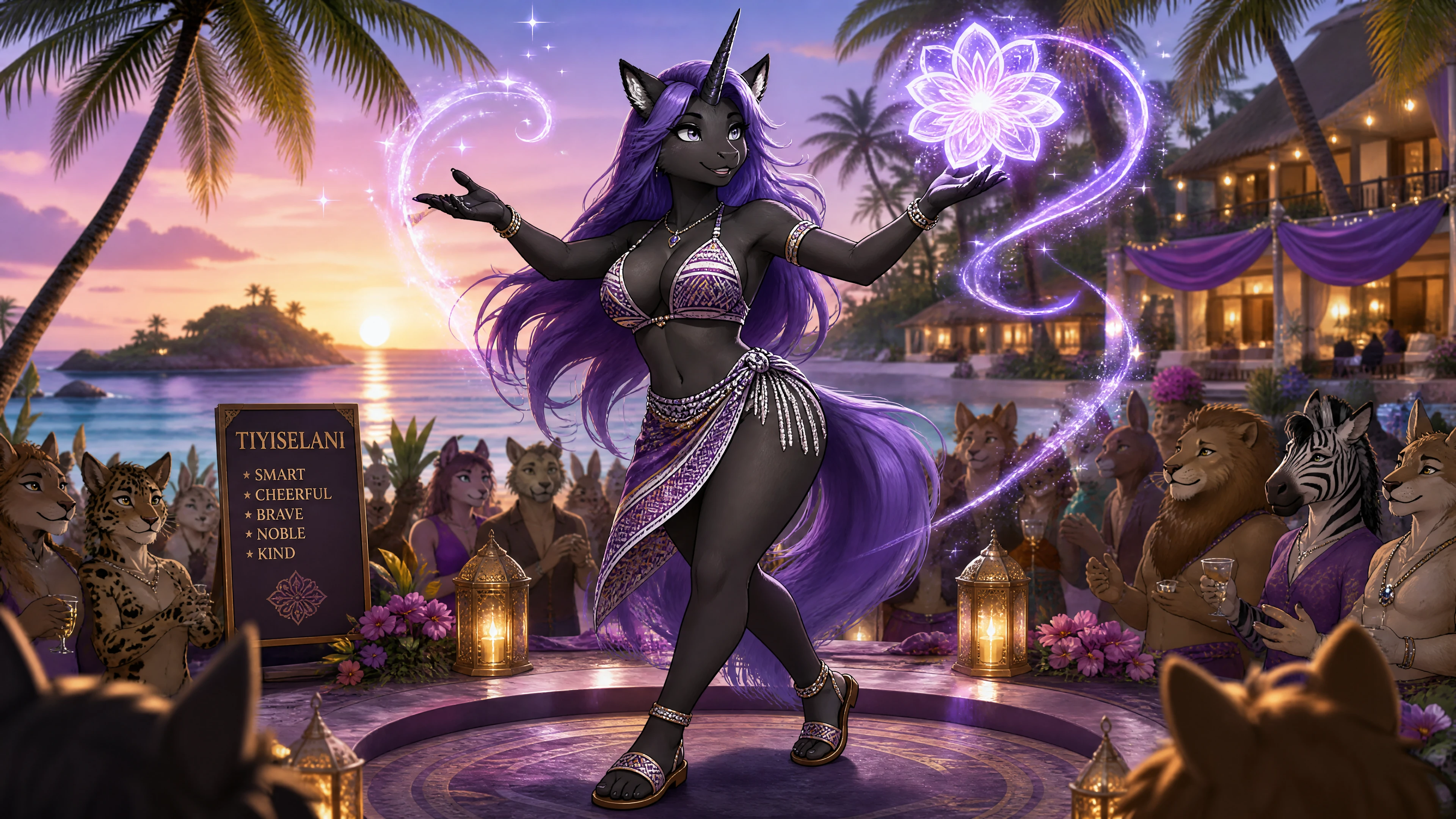 Fantasy unicorn woman performing magic on tropical beach