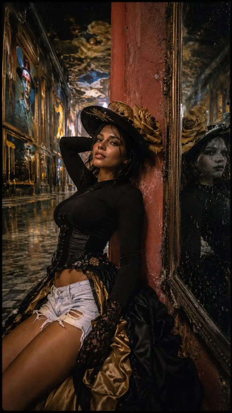 Fit woman in surreal gallery close up portrait