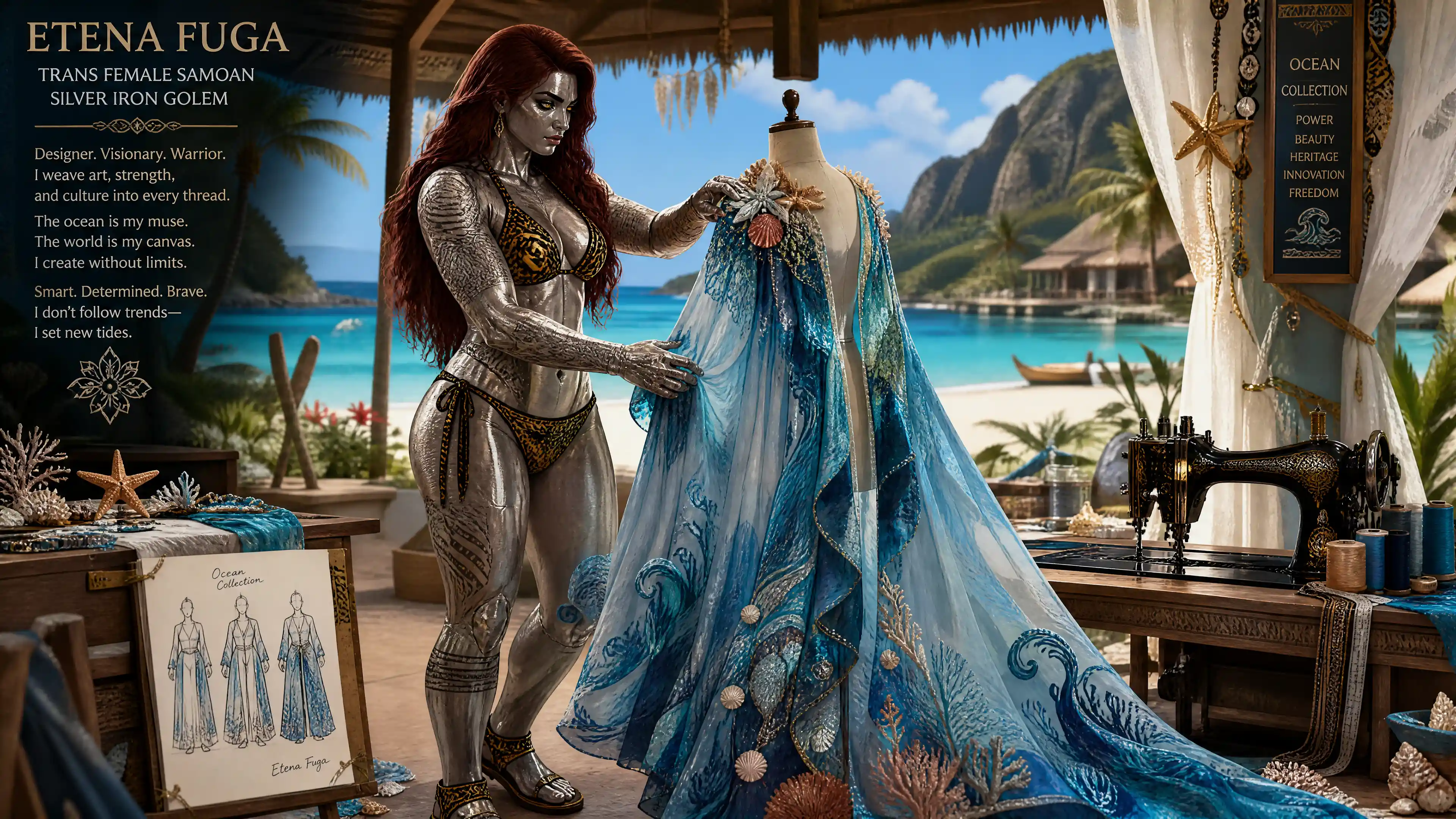 Fantasy woman crafting ocean robe on sunny beach