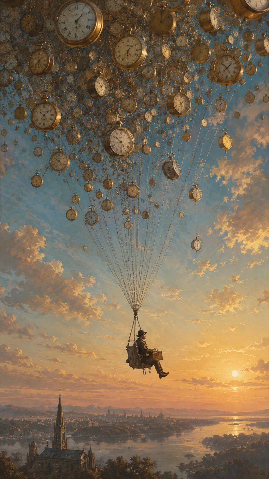 Traveler lifted by pocket watches into a quiet dawn sky