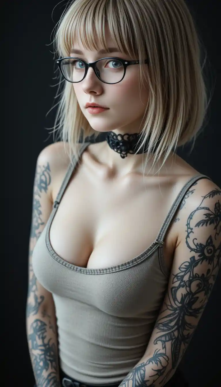 Goth girl in glasses with tattoos on black background