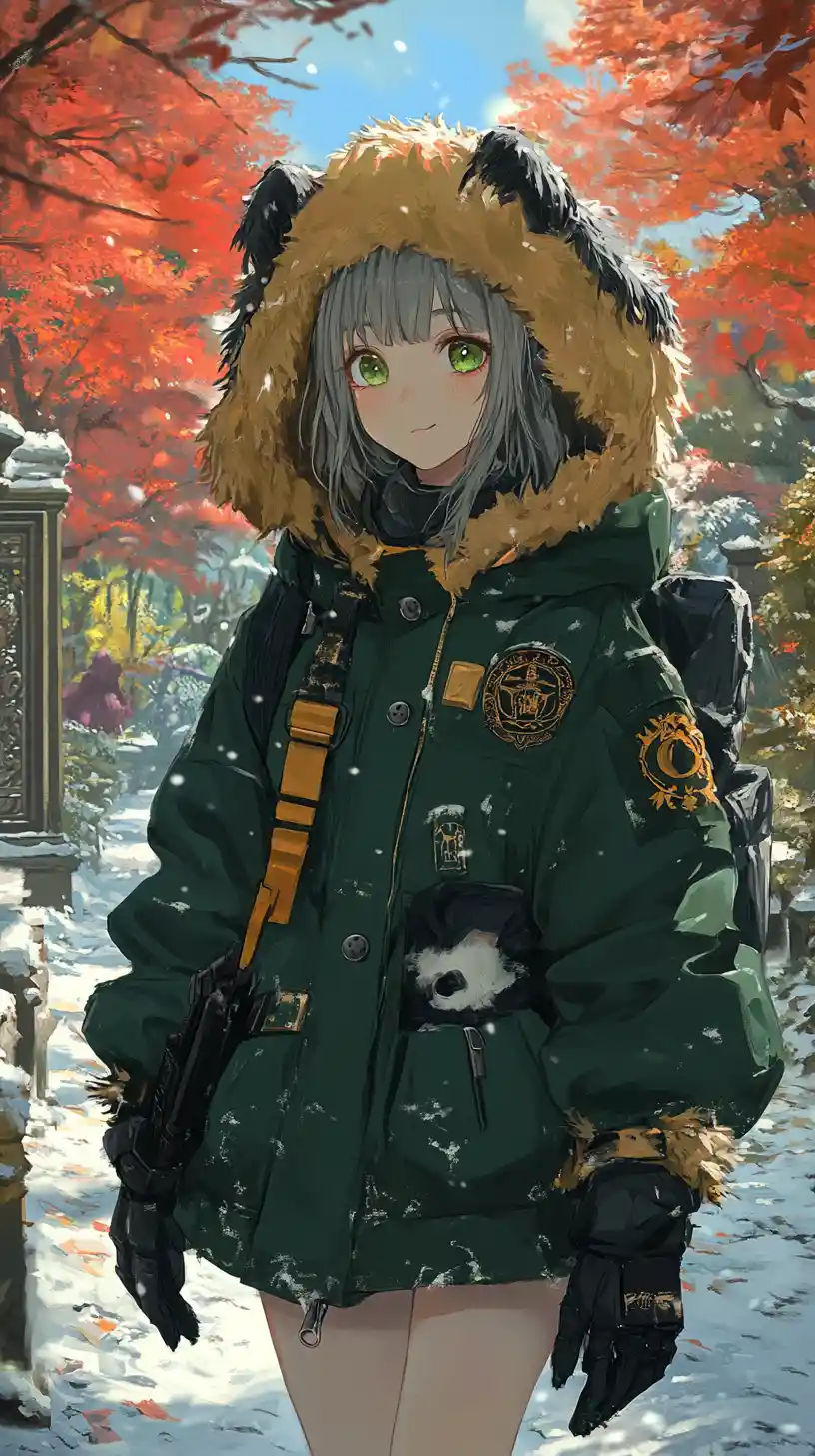 Anime girl in winter outfit walking through snowy village