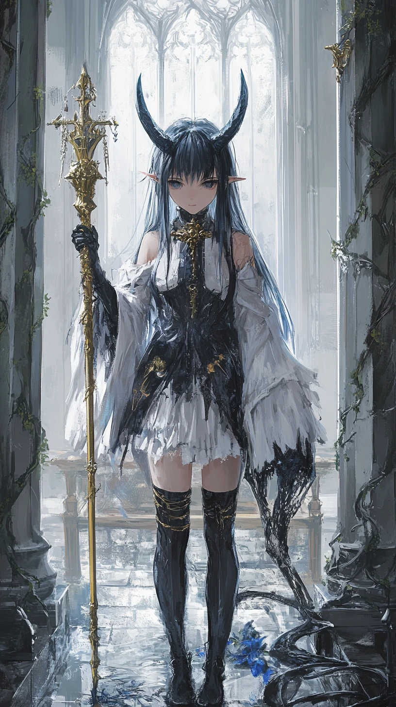 Anime girl with demonic horn in ornate fantasy outfit