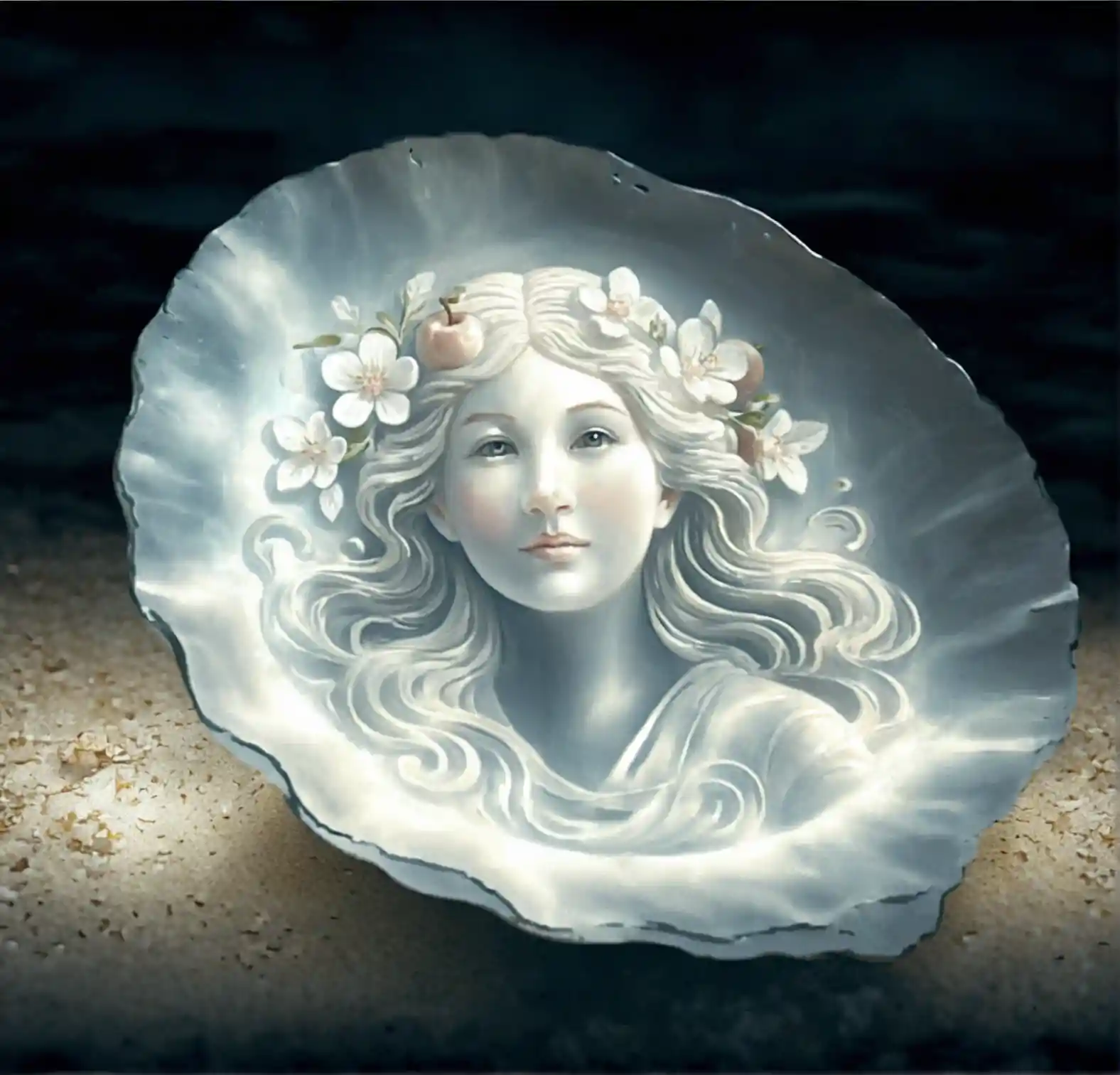 High angle view of carved pearl shell on sandy beach