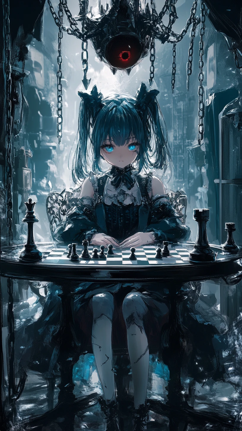 Anime girl playing chess with her mirrored reflection