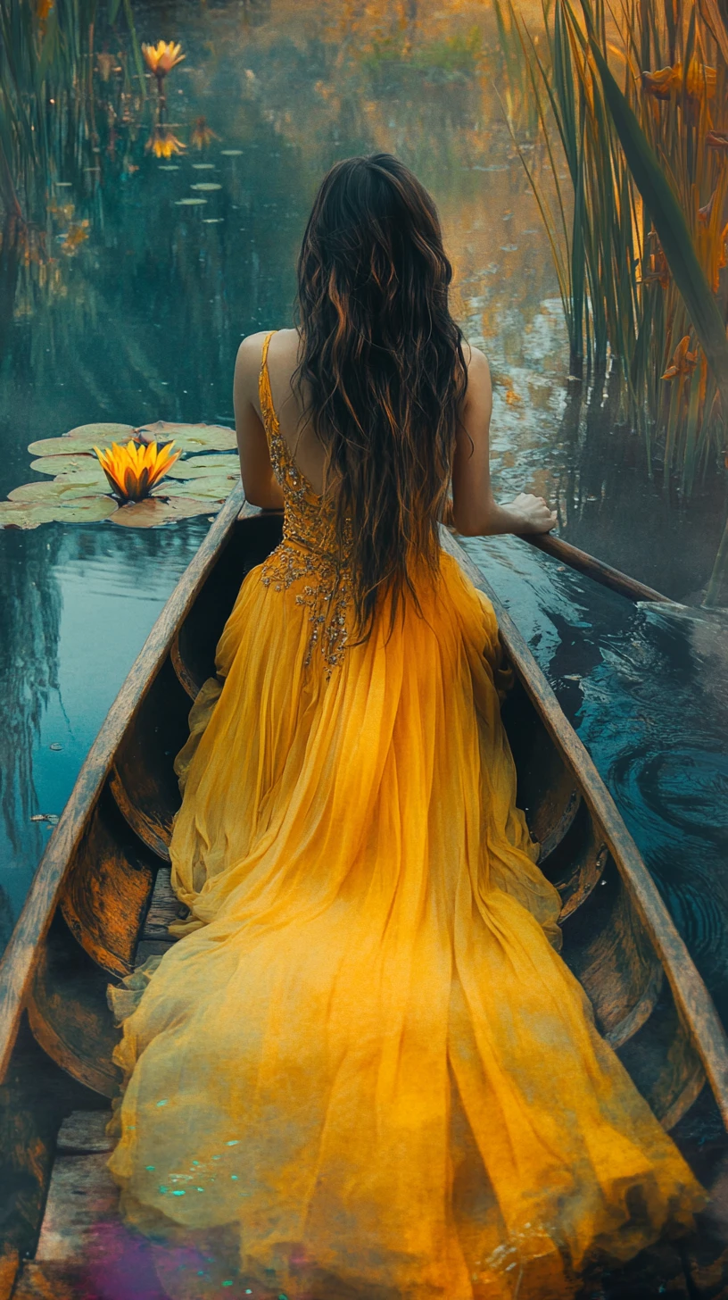 Woman in a golden gown drifting alone on a quiet lake