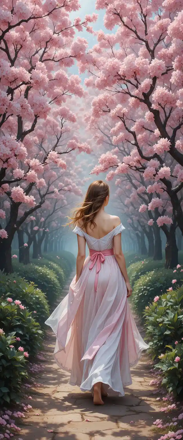 Woman walking alone in a cherry blossom garden painting
