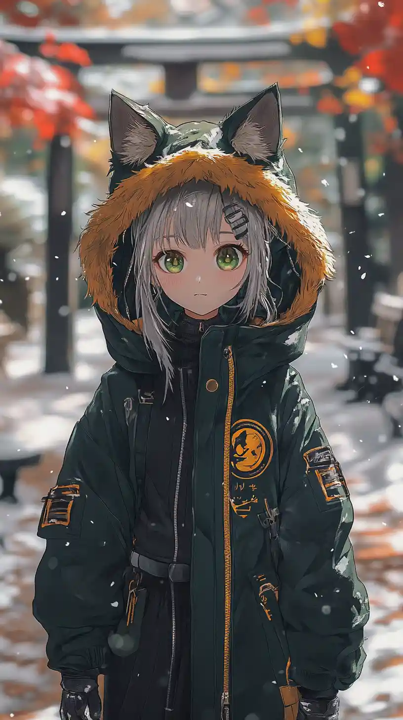 Anime girl in winter outfit walking through snowy village