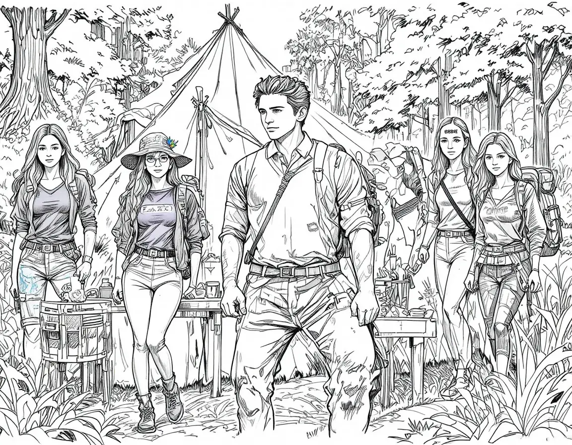 Group of young campers standing together in sunny woods