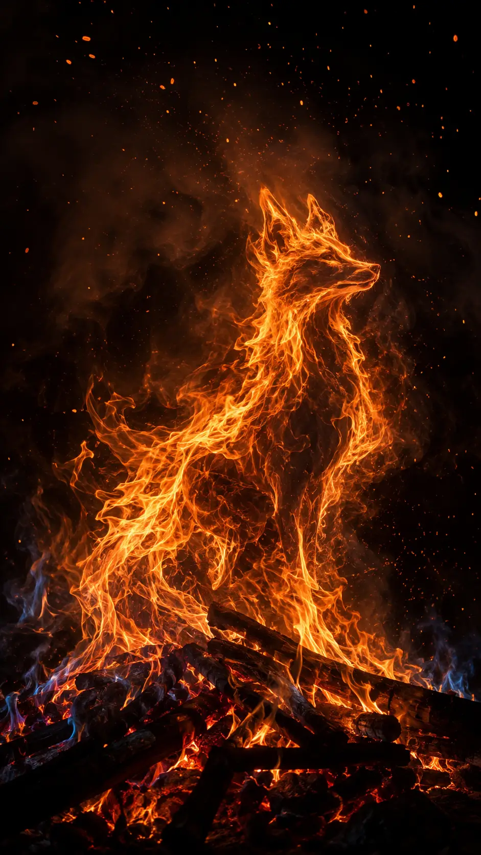 Fox shaped bonfire illusion in dramatic dark surroundings