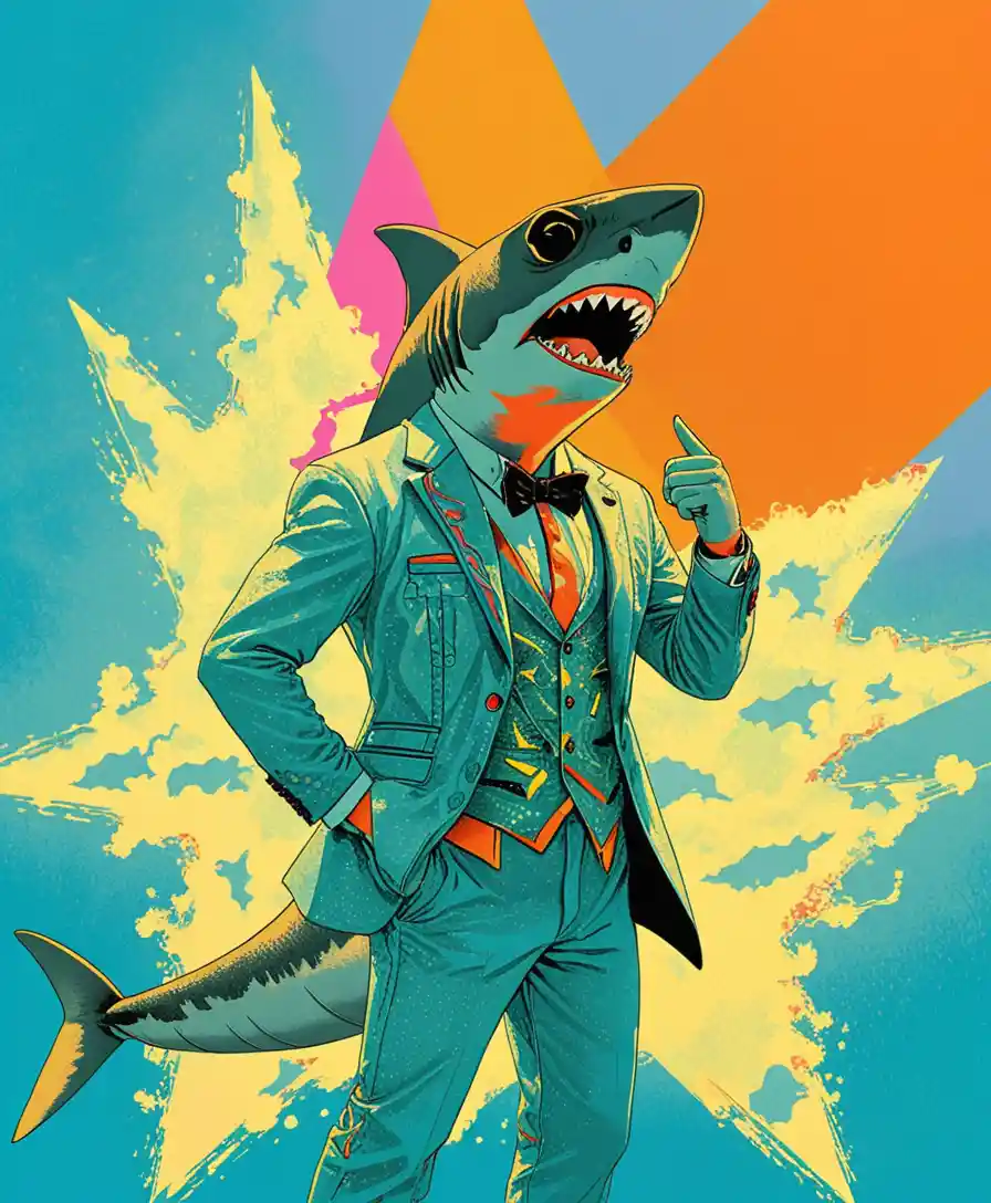 Shark In A Tuxedo With Lightning Filled Background