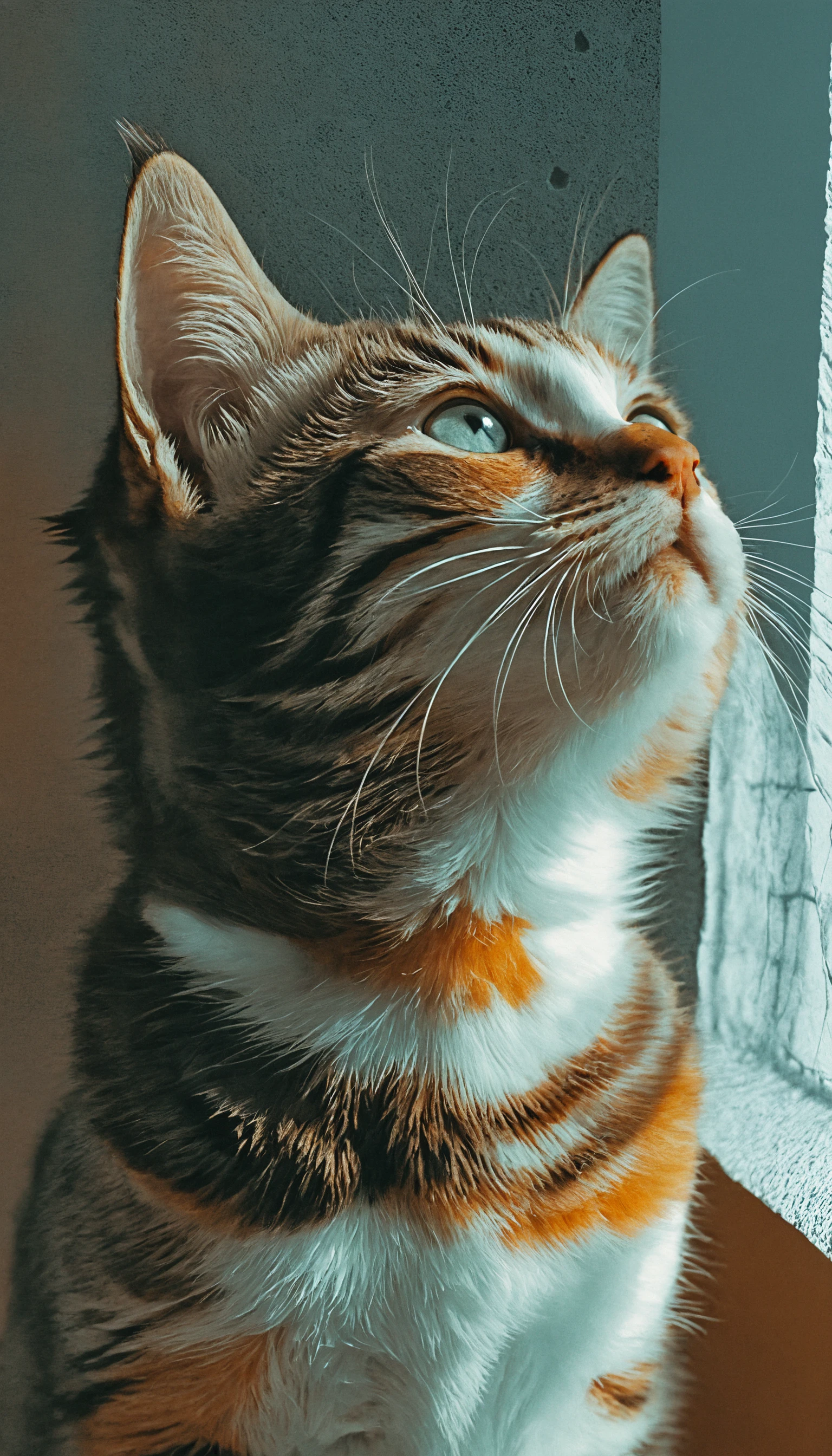 Monochrome portrait of a grey tabby kitten gazing into distance