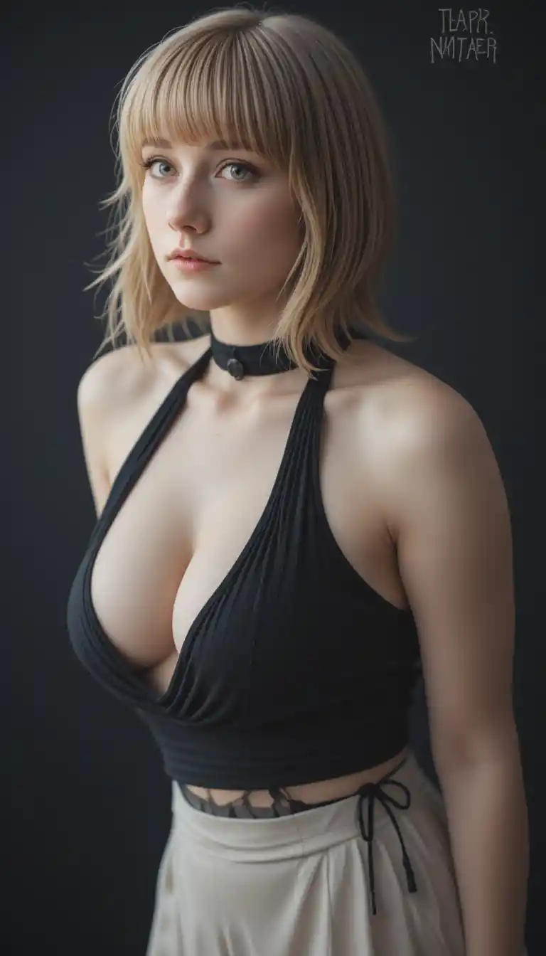 Goth girl portrait in black halter top side view
