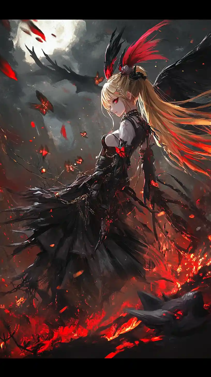 Anime girl lying in lava under a dark red sky