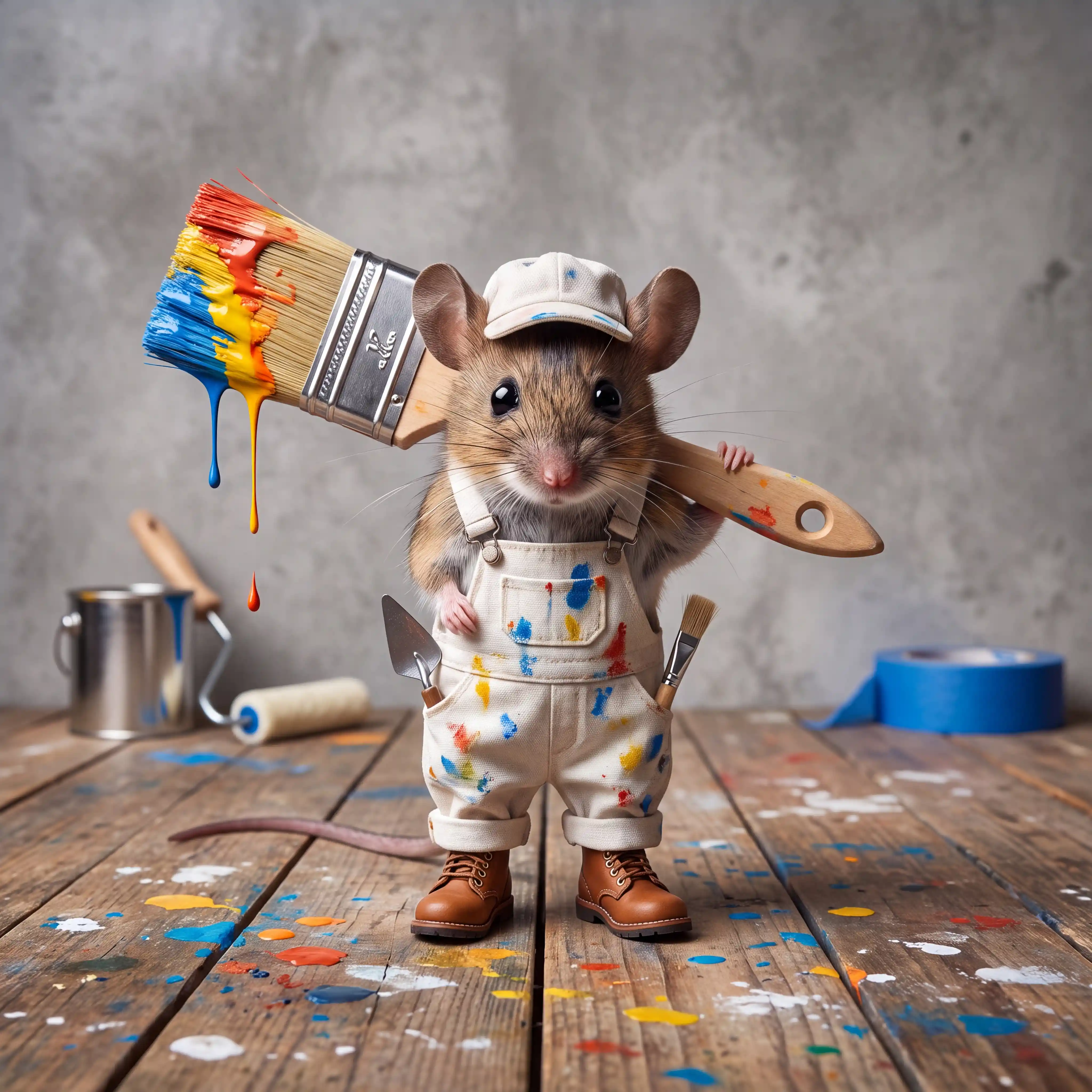 Cute painter mouse with rainbow dripping brush