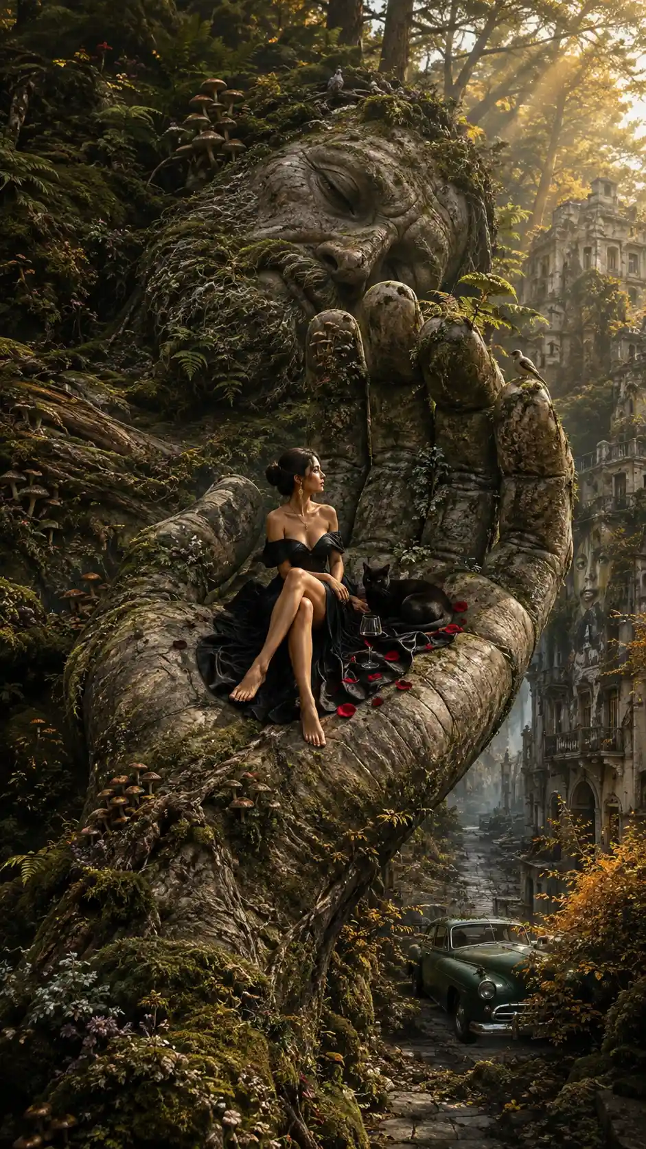 Elegant woman resting in the palm of a sleeping forest giant