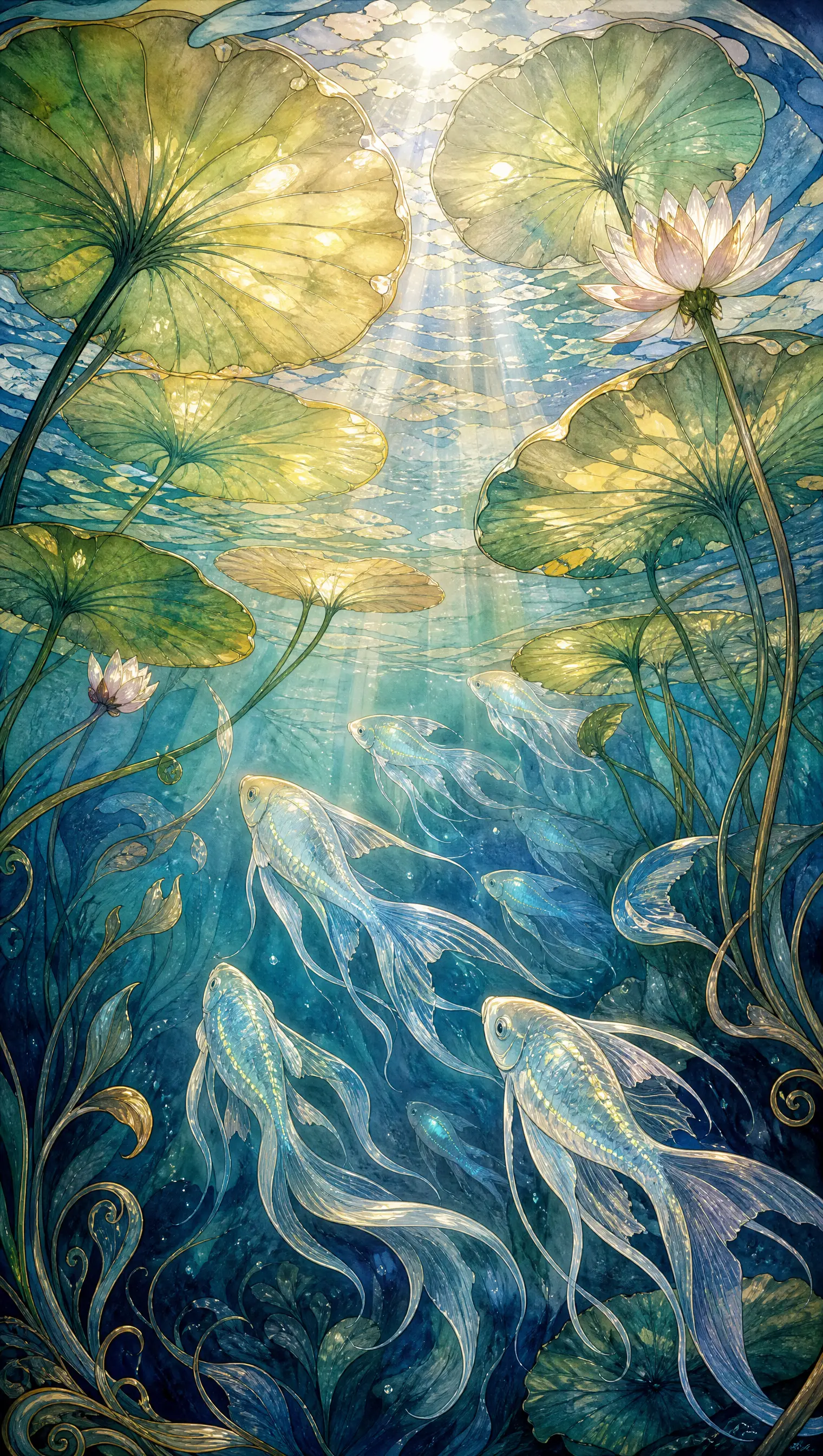 Underwater view of glowing fish and giant lily pads