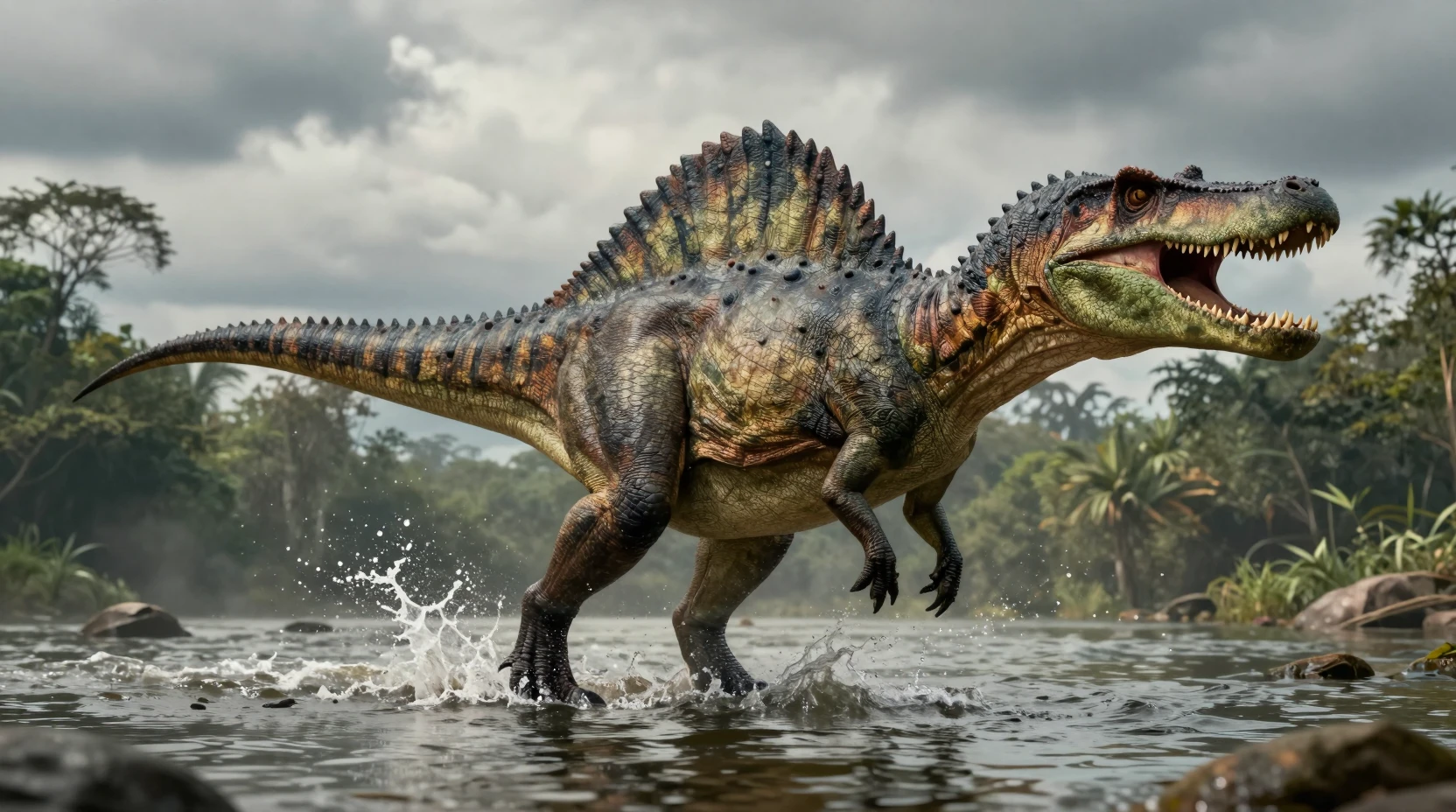 Roaring Spinosaurus Striding Through A Jungle River